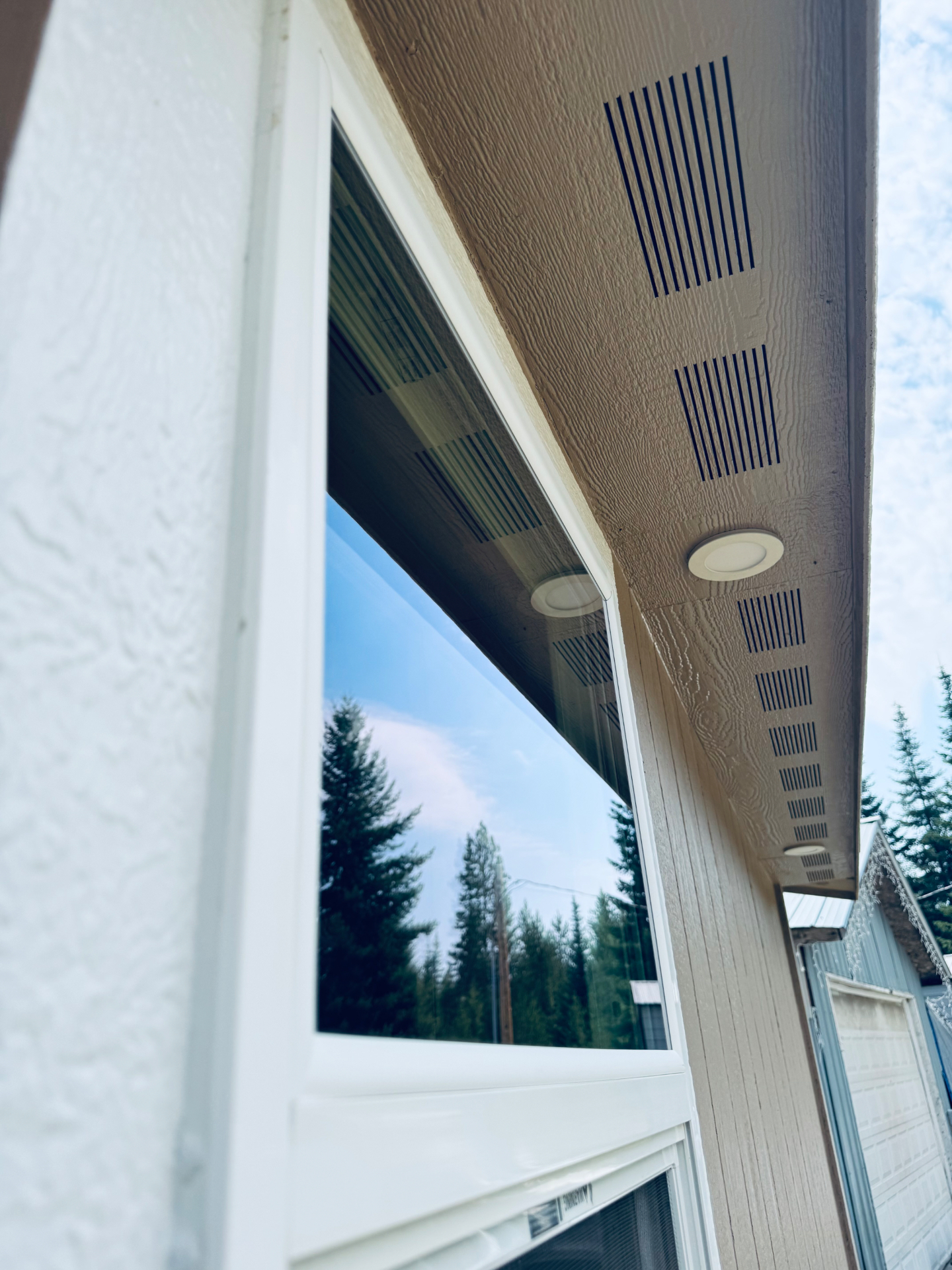 Spotless window reflecting blue sky and pines after Sparclean pure water cleaning
