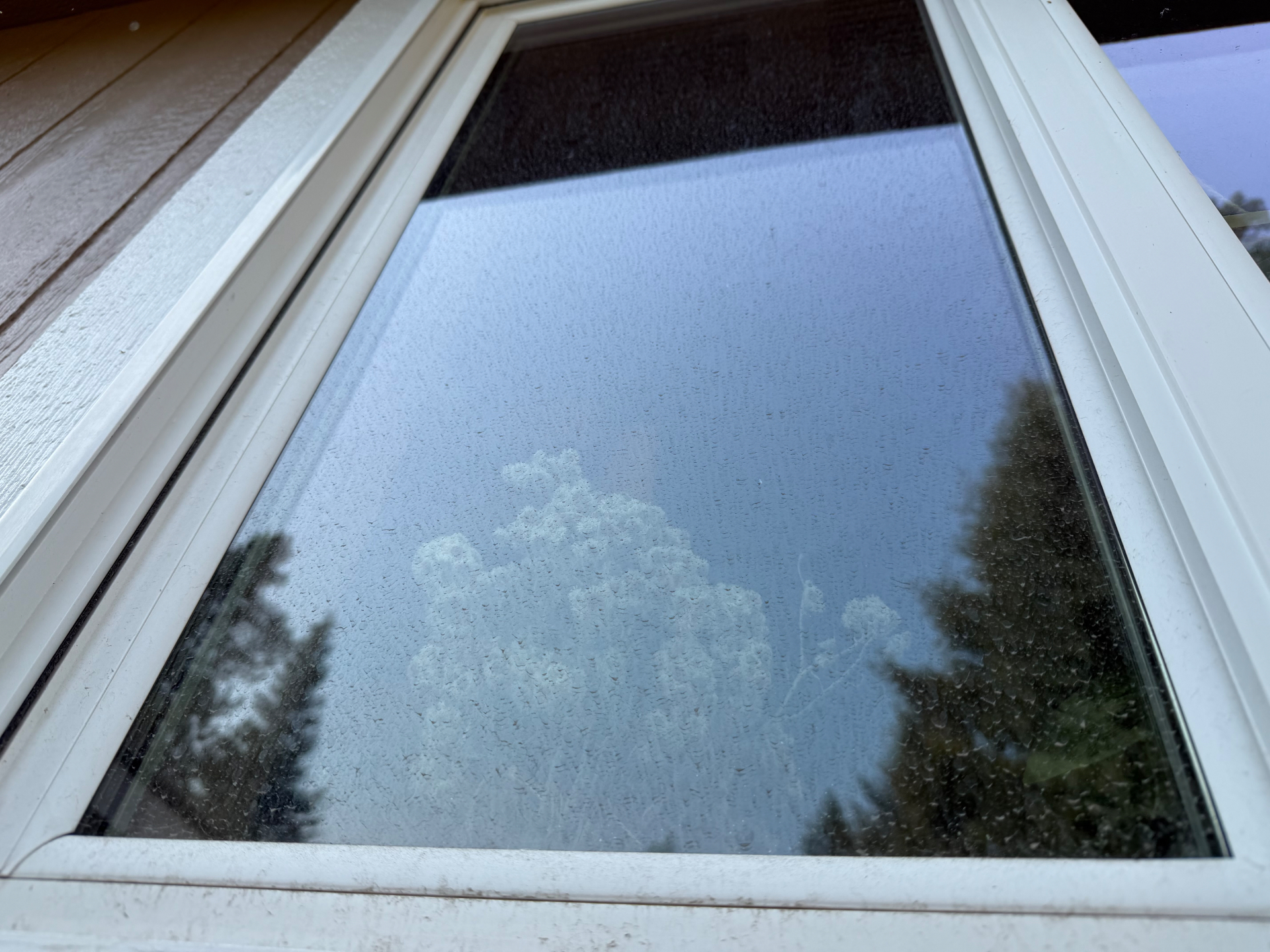 Window covered in hard water spots and mineral buildup before cleaning